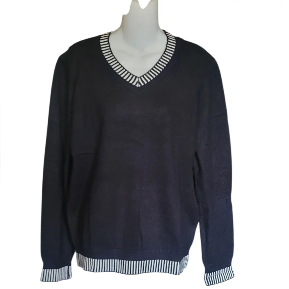 Black Long Sleeve Lightweight V-Neck Sweater with Striped Trim - NIP